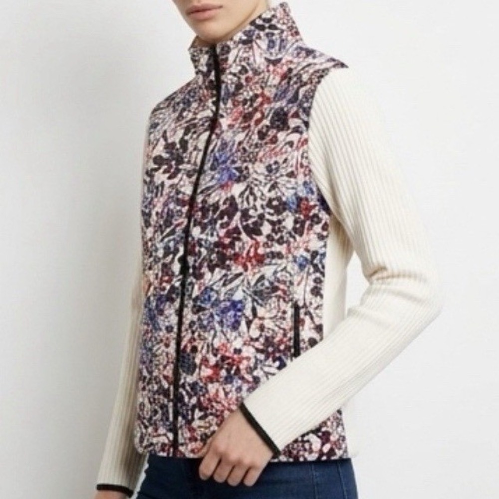 T by Talbots SZ XL Quilted Jacket Mixed Media Blue & Red Watercolor Garden